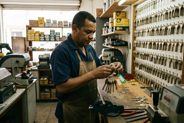 Chaveiro organizando chaves de forma segura em seu ambiente de trabalho.