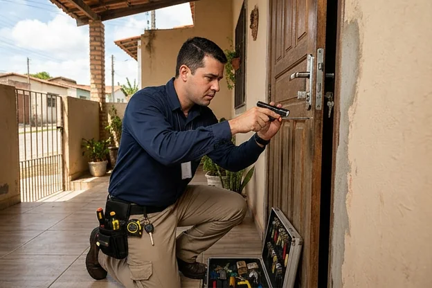 Especialista em segurança avaliando a instalação de fechaduras em uma residência.